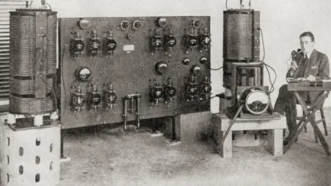 Getty Images The first broadcast transmitter operated in Great Britain, installed at the Marconi Works, Chelmsford, in 1919 and 1920