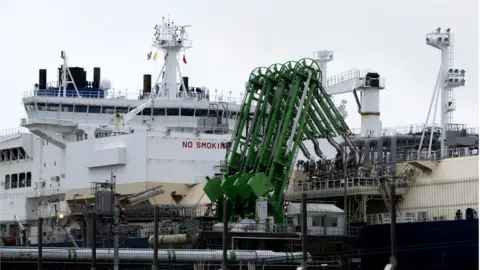 Getty Images LNG tanker Rudolf Samoylovich, moors at the dock of the Montoir-de-Bretagne LNG Terminal near Saint-Nazaire, western France, on March 10, 2022.