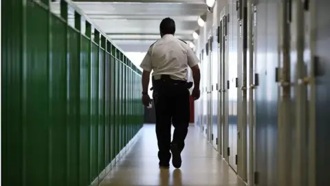 Getty Images Prison officer walking down block of cells