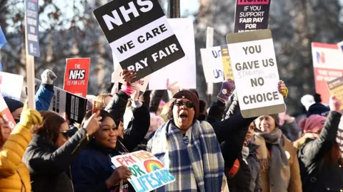 NHS nurses hold placards during a strike