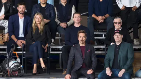 Marvel (l-r) Chris Hemsworth, Gwyneth Paltrow, Robert Downey Jr, Stan Lee, Chris Evans and Kevin Feige