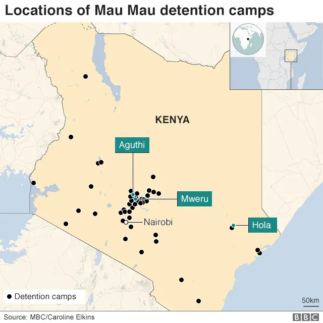 Map showing location of detention camps