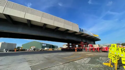 Stephen Huntley/BBC Section of bridge being moved in Lowestoft