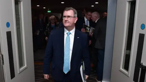 Charles McQuillan BELFAST, NORTHERN IRELAND - OCTOBER 14: DUP leader Sir Jeffrey Donaldson attends the DUP annual autumn conference at Crowne Plaza Belfast on October 14, 2023 in Belfast, Northern Ireland.