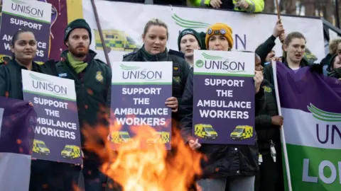 Getty Images Ambulance workers on the picket line in London