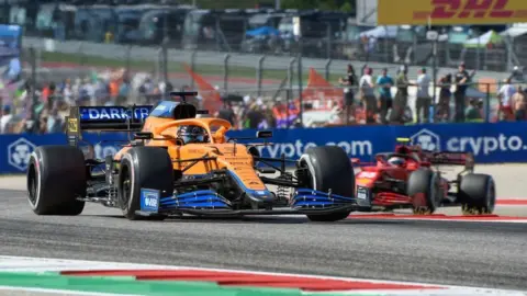 Getty Images McLaren F1 Team driver Daniel Ricciardo (3) of Team Australia heads for turn 10 during the Aramco U.S. Grand Prix at Circuit of the Americas on October 24, 2021 in Austin, TX.