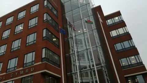 Flags outside the Welsh Assembly's Ty Hywel building