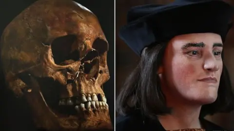 University of Leicester/Getty Richard III skull next to facial reconstruction