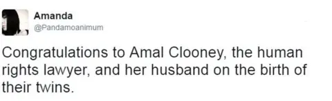 Twitter - @Pandamoanimum Tweet from user Pandamoanimum reads: Congratulations to Amal Clooney, the human rights lawyer, and her husband on the birth of their twins.