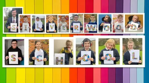 Wiltshire Council Children and a teacher holding the words "Silverwood School"