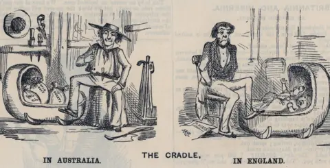 Punch Cradling in Australia and in England, 1852 Australian Gold Rush, 1852: Cradling in Australia and in England. Cartoon from ''Punch''. (Photo by: Universal History Archive/UIG via Getty Images)