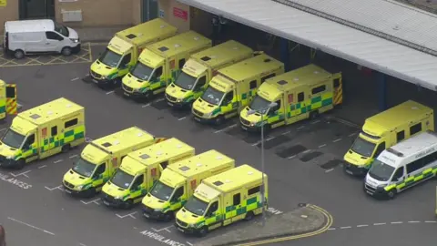 BBC Ambulances outside Queen's Hospital in Romford, Essex