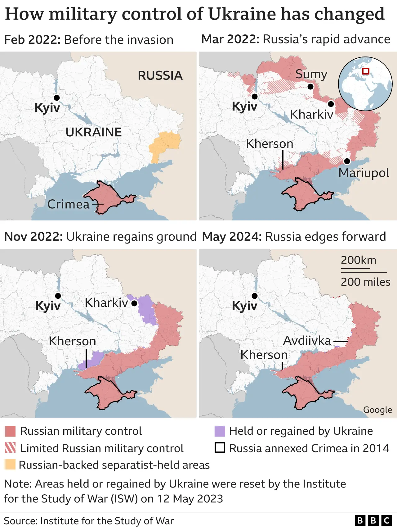 Τέσσερις χάρτες που δείχνουν πώς έχει αλλάξει η κατάσταση στο έδαφος από την εισβολή της Ρωσίας.