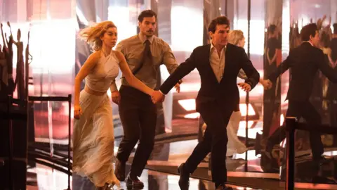 Chiabella James/Paramount Left to right: Vanessa Kirby, Henry Cavill and Tom Cruise