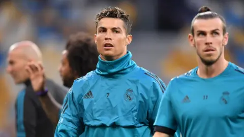Getty Images Zinedine Zidane, Cristiano Ronaldo and Gareth Bale of Real Madrid
