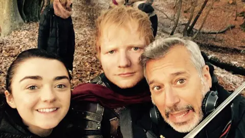 Ed Sheeran/Instagram Ed Sheeran with Maisie Williams and Jeremy Podeswa