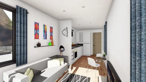 Cadwyn Artist impression of a living room in a converted shipping container