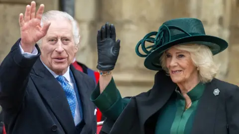 Getty Images King Charles has attended the Easter Sunday church service at Windsor Castle with Queen Camilla in his first major public appearance since being diagnosed with cancer