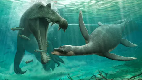 Plesiosaur evading a larger Spinosaur