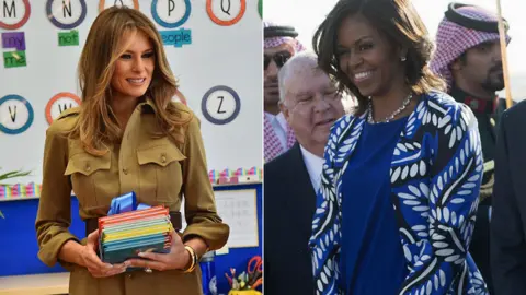 Getty Images Melania Trump in a safari dress and Michelle Obama in a dress and jacket