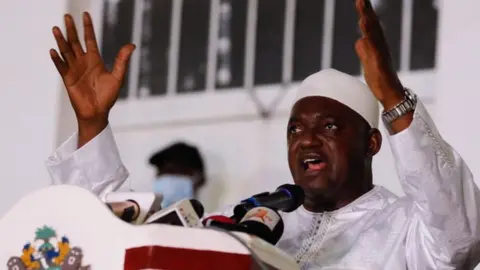 President Adama Barrow speaking to supporters after his victory