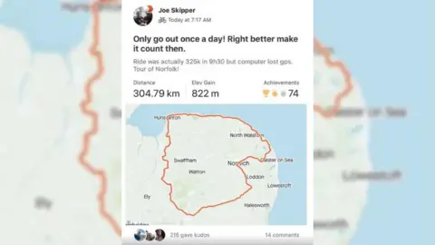 Strava/Road.cc Screenshot of Joe Skipper ride