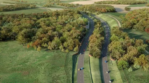 Norwich County Council An image of the proposed Norwich Western Link road, surrounding by fields and woods. The road is lined with sloped embankments covered in grass.