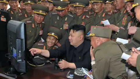 KCNA Kim Jong-un surrounded by officials