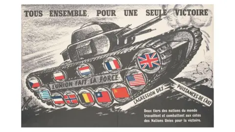 IWM A French poster from WW2 shows the Allied flags on a cartoon tank: Translation reads: All Together, for a Single Victory