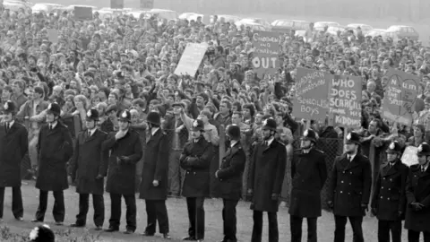 PA Media Rally by miners at the Nottinghamshire NUM Headquarters during the miners' strike