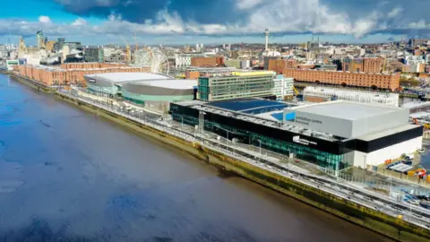 Ant Clausen Aerial shot of Liverpool's waterfront including the M&S Bank Arena and adjoining exhibition centre