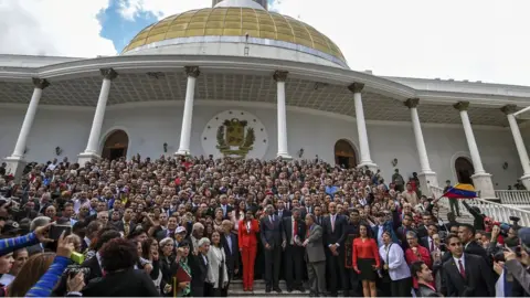 Getty Images Members of the Constituent Assembly pose outside the National Congress during the Assembly's installation in Caracas on August 4, 2017.