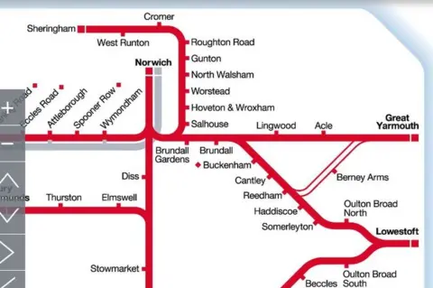 Greater Anglia Greater Anglia network map for east Norfolk and Lowestoft