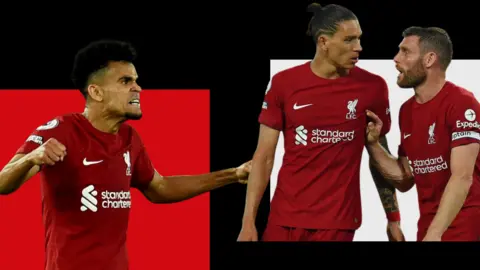 Liverpool's Luis Diaz, Darwin Nunez and James Milner