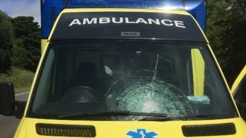 NEAS Ambulance with shattered windscreen, June 2021