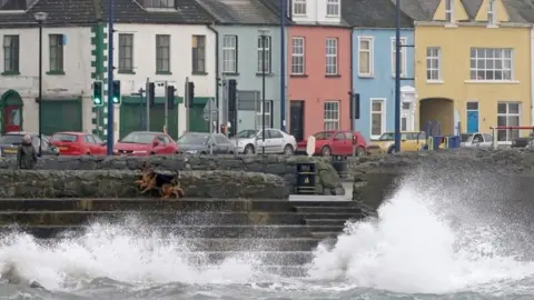 AFP/Getty Images A dog walker in Donaghadee on the Irish Sea coast, east of Belfast in Northern Ireland