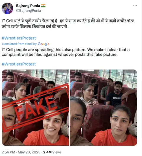 Twitter Tweet of fake/manipulated image of wrestlers on police bus with caption; "IT Cell people are spreading this false picture. We make it clear that a complaint will be filed against whoever posts this fake picture."
