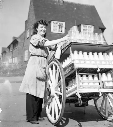 Leeds Libraries Leodis.net Ada Stone delivering milk 1942, location unknown