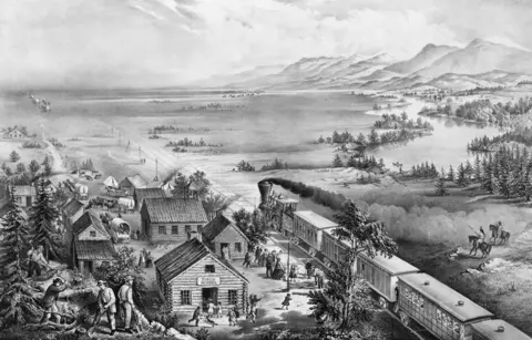 Alamy A black and white lithograph print circa 1868 depicting the spread of settlers westward across the USA in the 19th century