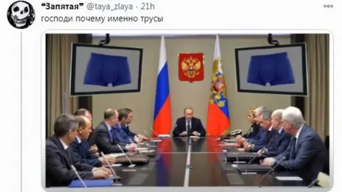 Twitter/@taya-zlaya "Heavens, but why go for underpants?" - a mocked-up image of a Putin cabinet meeting