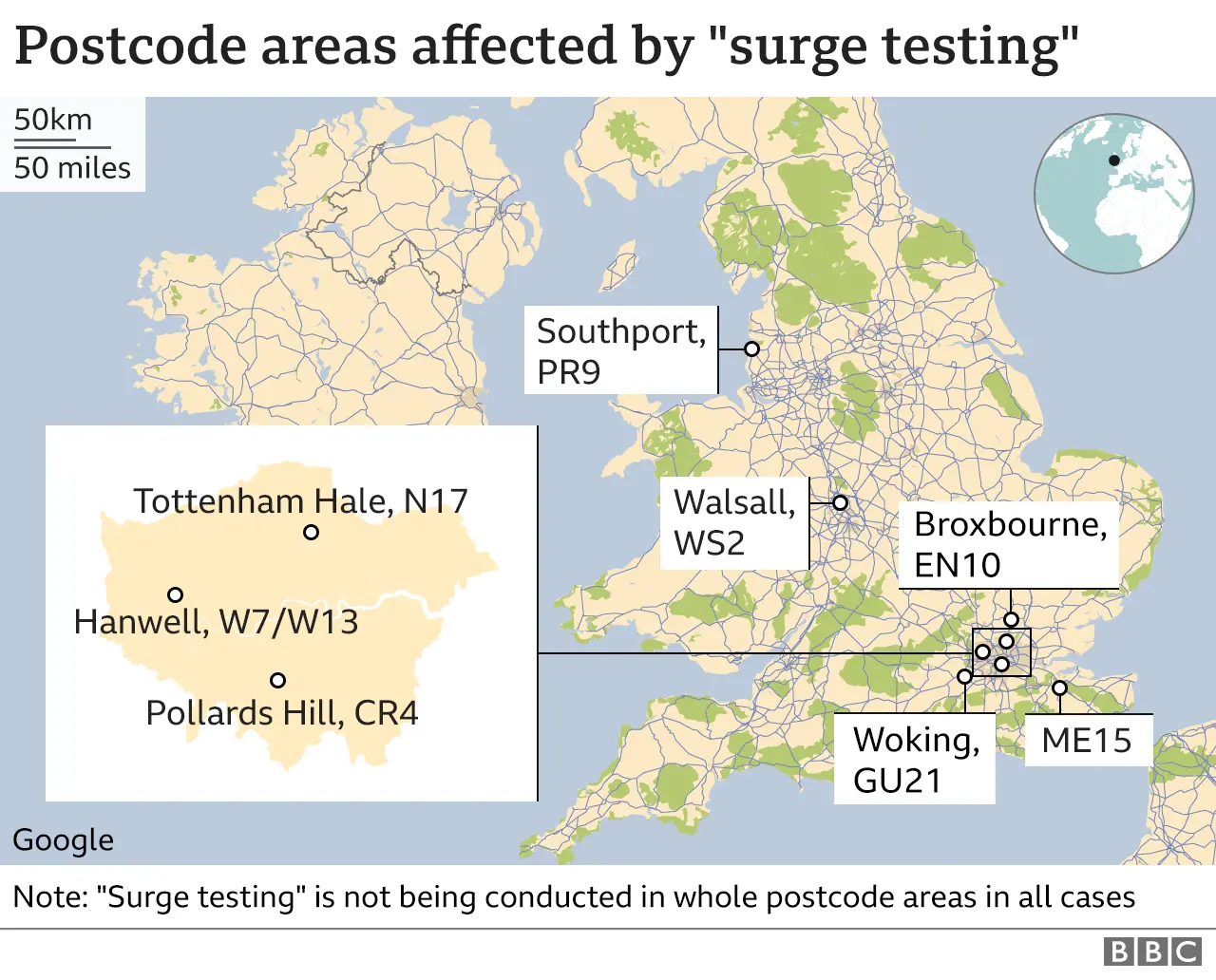 Map showing postcodes areas affected by "surge testing"