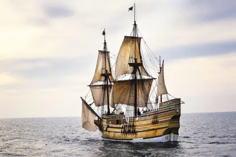 BBC The original Mayflower, which set sail from Plymouth on 16 September, 1620, before finding safe harbour in what the settlers would come to know as New Plymouth on the other side of the Atlantic Ocean