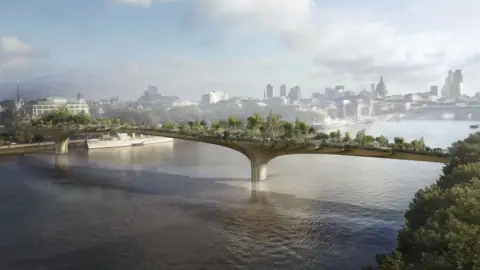 Heatherwick Studio Artists impression of the Garden Bridge over the River Thames.