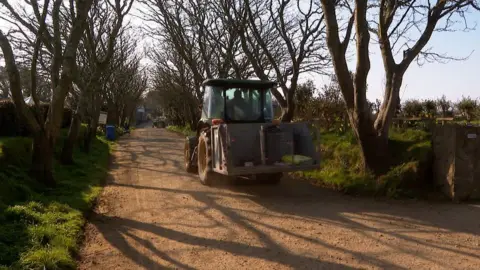 BBC Sark road with two tractors on it