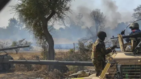 EPA an insurgents" camp being destroyed by Nigerian military in the Sambisa Forest, Borno state in 2015