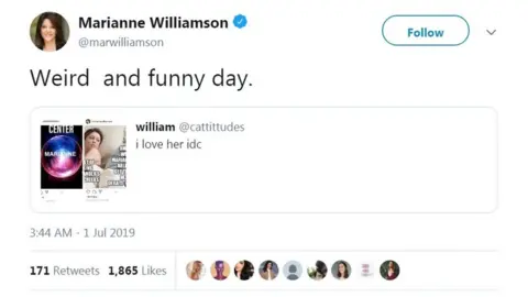 Marianne Williamson/Twitter A screenshot of Marianne Williamson's Twitter page