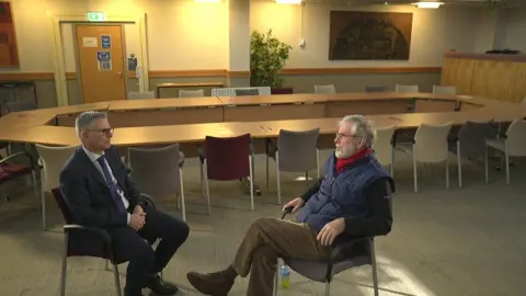 BBC reporter Mark Simpson and Gerry Adams