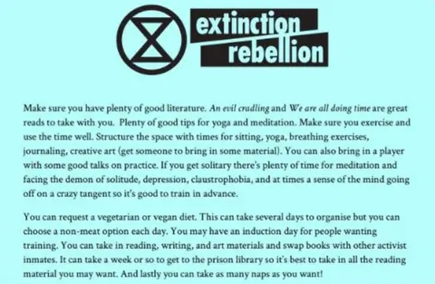 Extinction Rebellion Screenshot of Extinction Rebellion's prison guide before it was deleted from its website