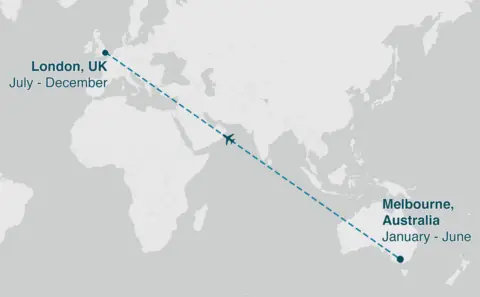 Map showing Melbourne to London