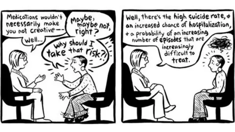 Ellen Forney  Two images showing the patient quizzing the doctor about whether they should take medications - the doctor explains what could happen if medications are not taken